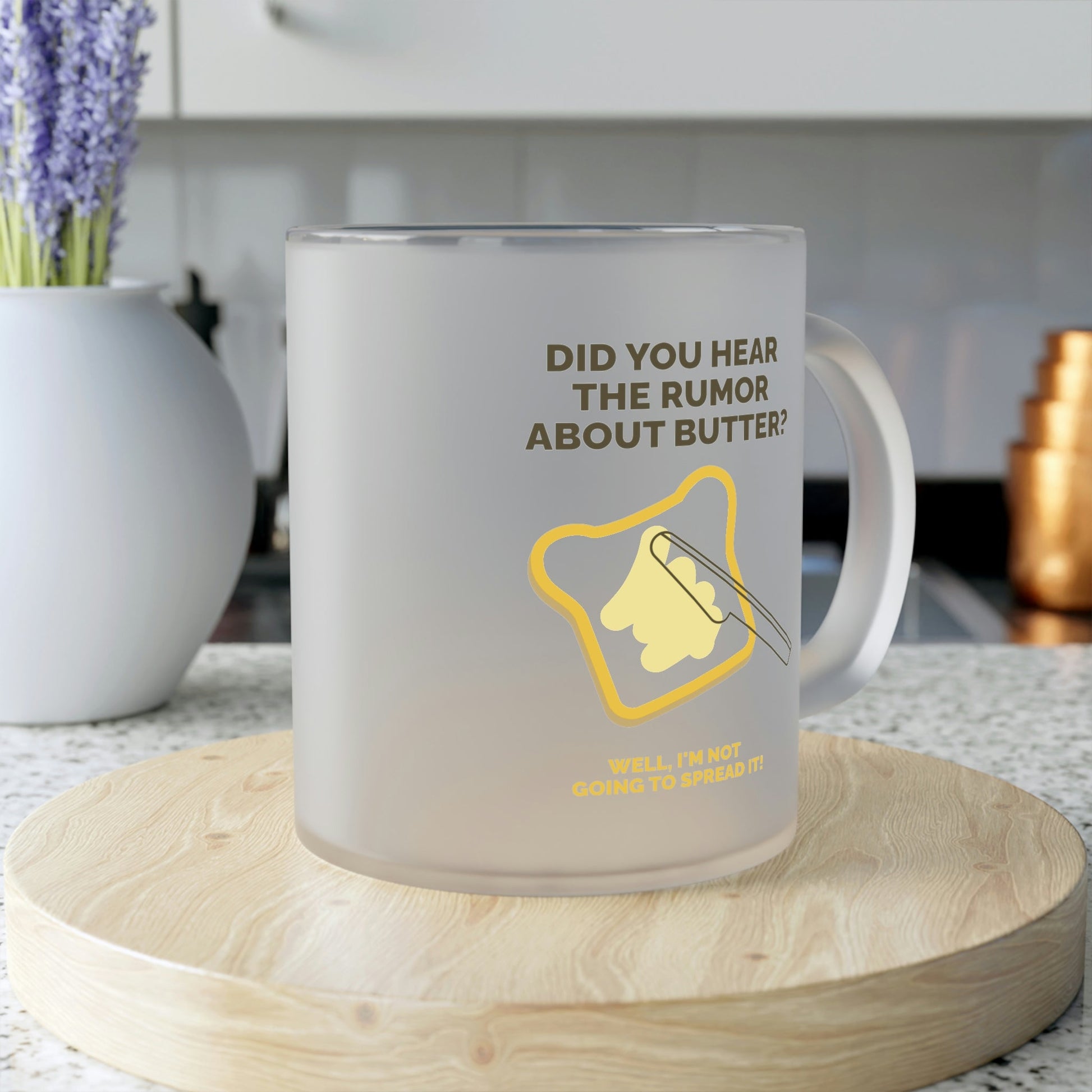 Designed by a Teen in USA: Frosted Glass Mug (Butter Themed) 11 oz. Try more Mugs, Tumblers, Flasks and Drinkware Accessories. Available only at ThirstFull.com. Prices start from $5.99 USD. 