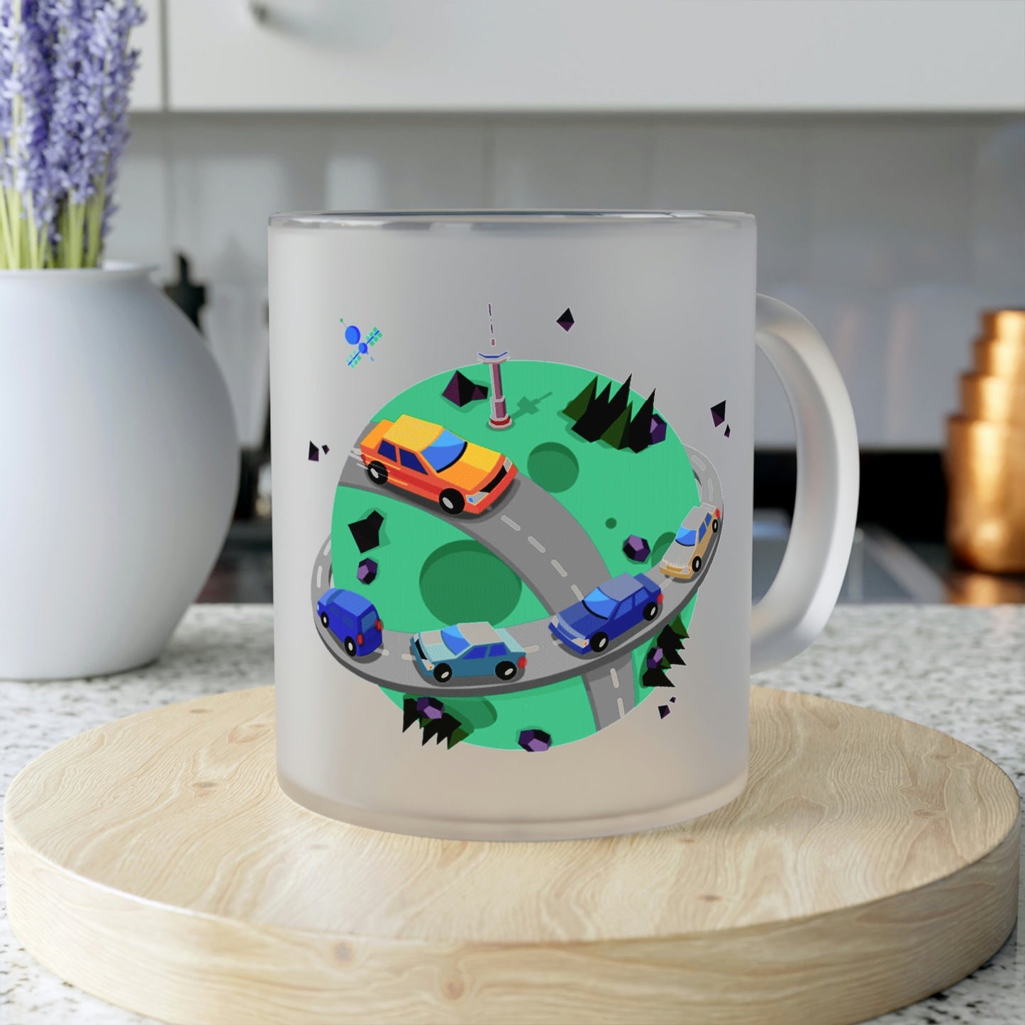 Designed by a Teen in USA: Frosted Glass Mug (Earth Themed) 11 oz. Try more Mugs, Tumblers, Flasks and Drinkware Accessories. Available only at ThirstFull.com. Prices start from $5.99 USD.